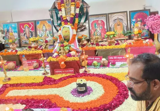 Puja arrangement with decorated altar